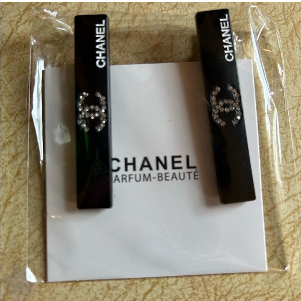 CHANEL Black Crystal CC Logo Hair Clips - Pair